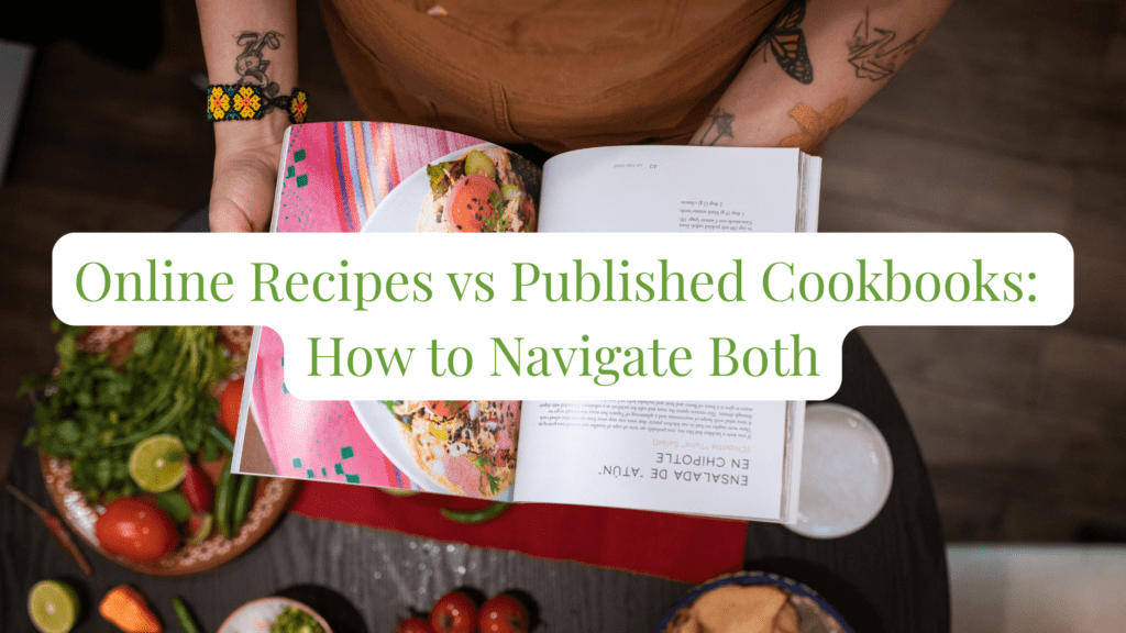 online recipes vs cookbooks – person holding a colorful cookbook above fresh ingredients