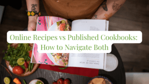 online recipes vs cookbooks – person holding a colorful cookbook above fresh ingredients