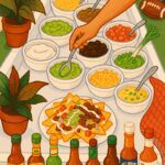 A festive DIY nacho bar set up for game day with bowls of toppings, cheese sauces, tortilla chips, and layered nachos on a rustic wooden table.
