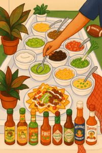 A festive DIY nacho bar set up for game day with bowls of toppings, cheese sauces, tortilla chips, and layered nachos on a rustic wooden table.