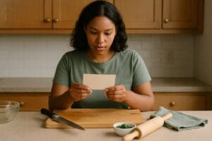how to read recipes like a pro – woman studying a recipe card at the counter
