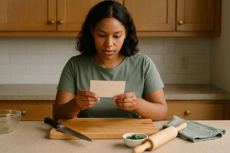how to read recipes like a pro – woman studying a recipe card at the counter