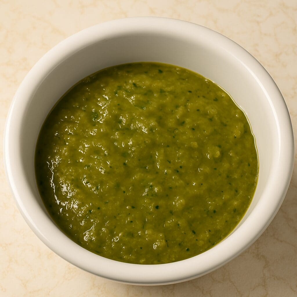 A bowl of roasted tomatillo and serrano salsa surrounded by fresh ingredients like tomatillos, serrano peppers, onion, and garlic.