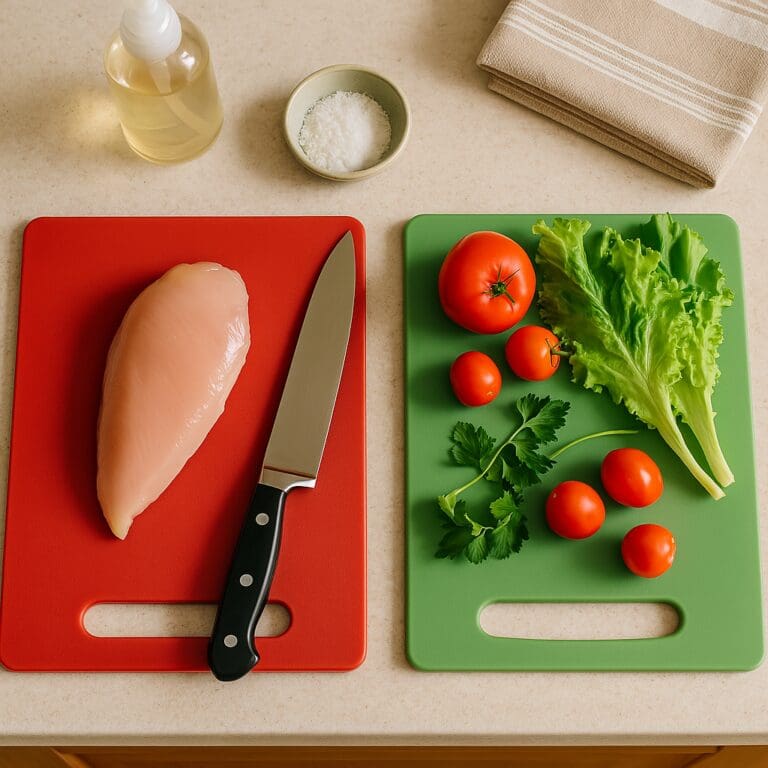 Home kitchen prep with raw chicken on a red cutting board and fresh vegetables on a green cutting board — showing safe food handling to prevent cross-contamination.