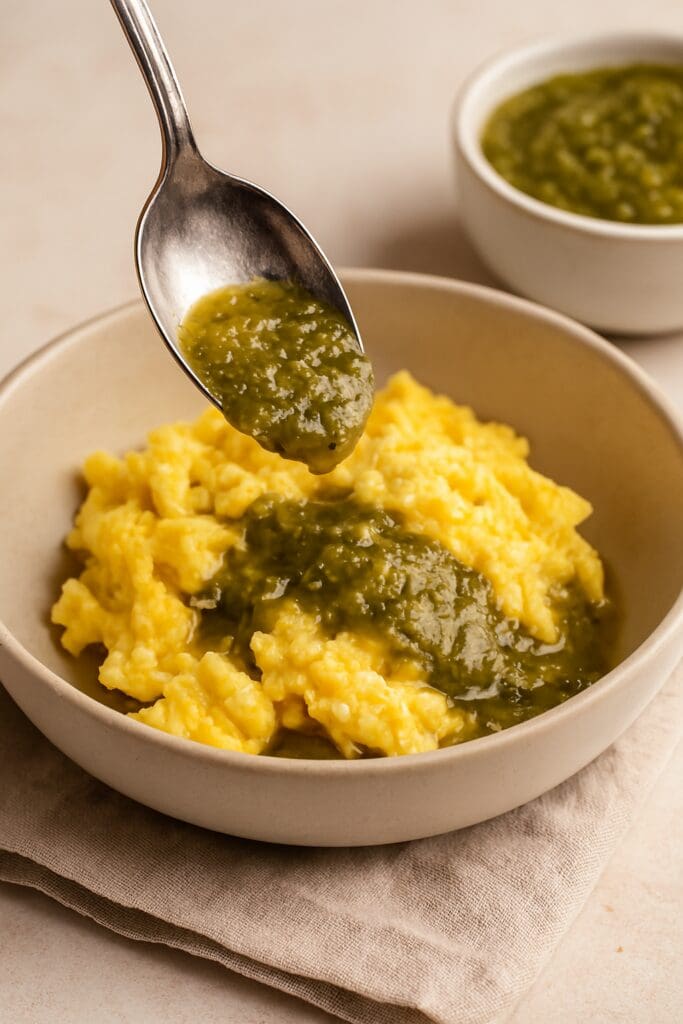 A spoonful of roasted tomatillo and serrano salsa being drizzled over scrambled eggs.