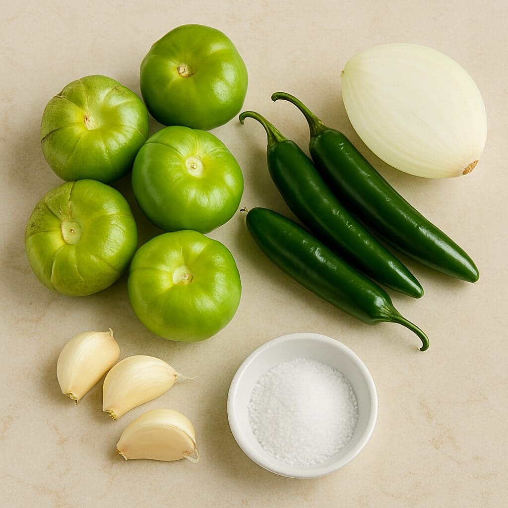 Fresh ingredients for salsa verde on a cream-colored surface, including tomatillos, serrano peppers, onion, garlic, and salt.