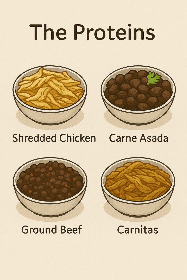 Illustrated bowls of ground beef, rotisserie chicken, carnitas, and carne asada for a nacho bar.