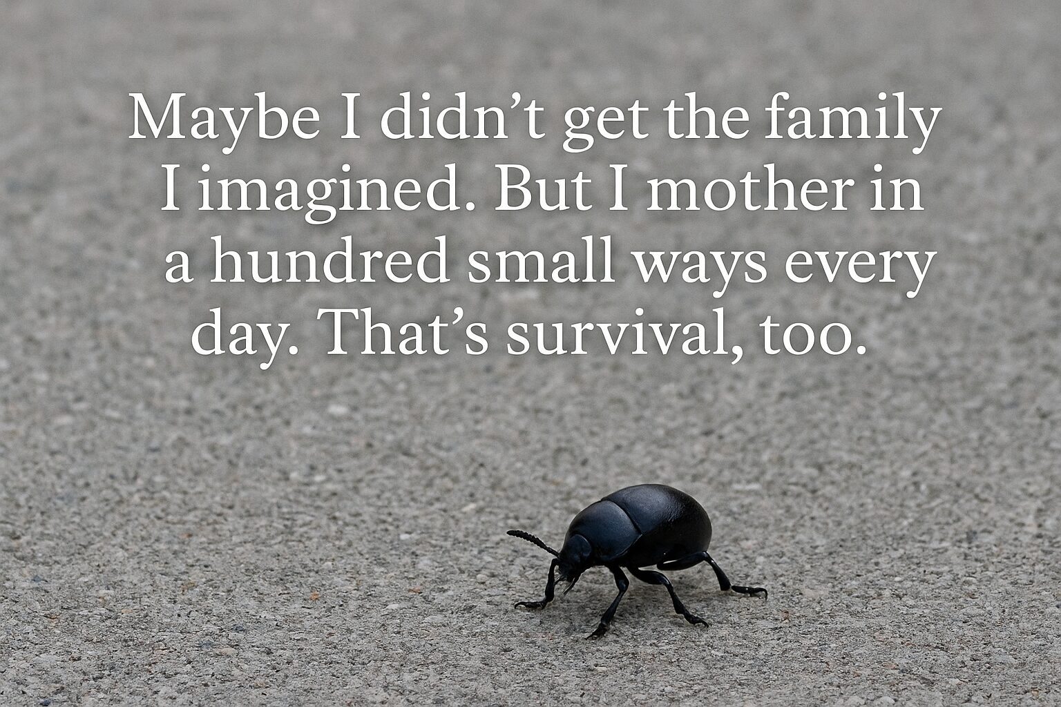 A close-up of a beetle walking across concrete, symbolizing emotional survival and quiet care. Overlay text reads: “Maybe I didn’t get the family I imagined. But I mother in a hundred small ways every day. That’s survival, too.