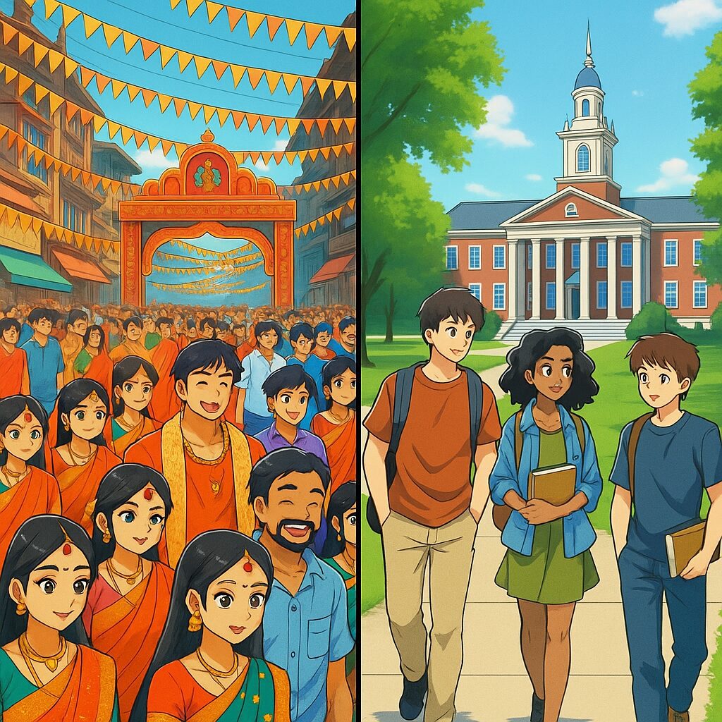 Split illustration showing an Indian street festival on one side and U.S. university students walking on campus on the other.