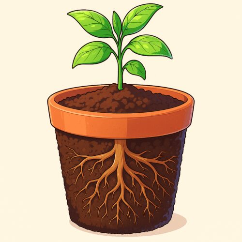 Potted plant with roots in soil and new green leaves sprouting.