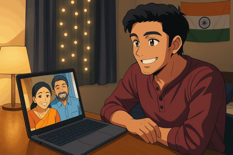 Indian student in U.S. dorm video calling parents on a laptop.