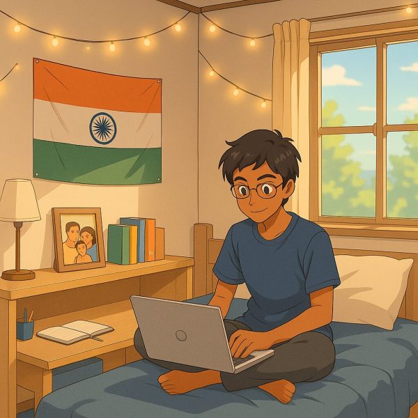 Indian student cultural adjustment in the U.S. dorm life Indian student studying on a dorm bed with laptop, Indian flag, and family photo.