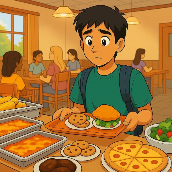 Indian student facing cultural adjustment in U.S. cafeteria Anime-style illustration of an Indian student in a U.S. college cafeteria holding a plate with a chicken sandwich and sides, looking curious about unfamiliar American food.