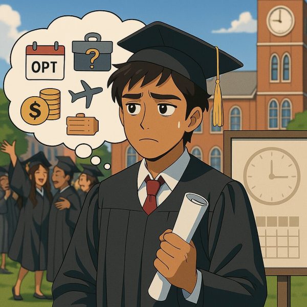 Indian student graduation anxiety about H1B visa and OPT timeline Anime-style illustration of an Indian student in graduation robes holding a diploma while a thought cloud shows icons for OPT deadlines, job sponsorship, H1B lottery, costs, and returning home.